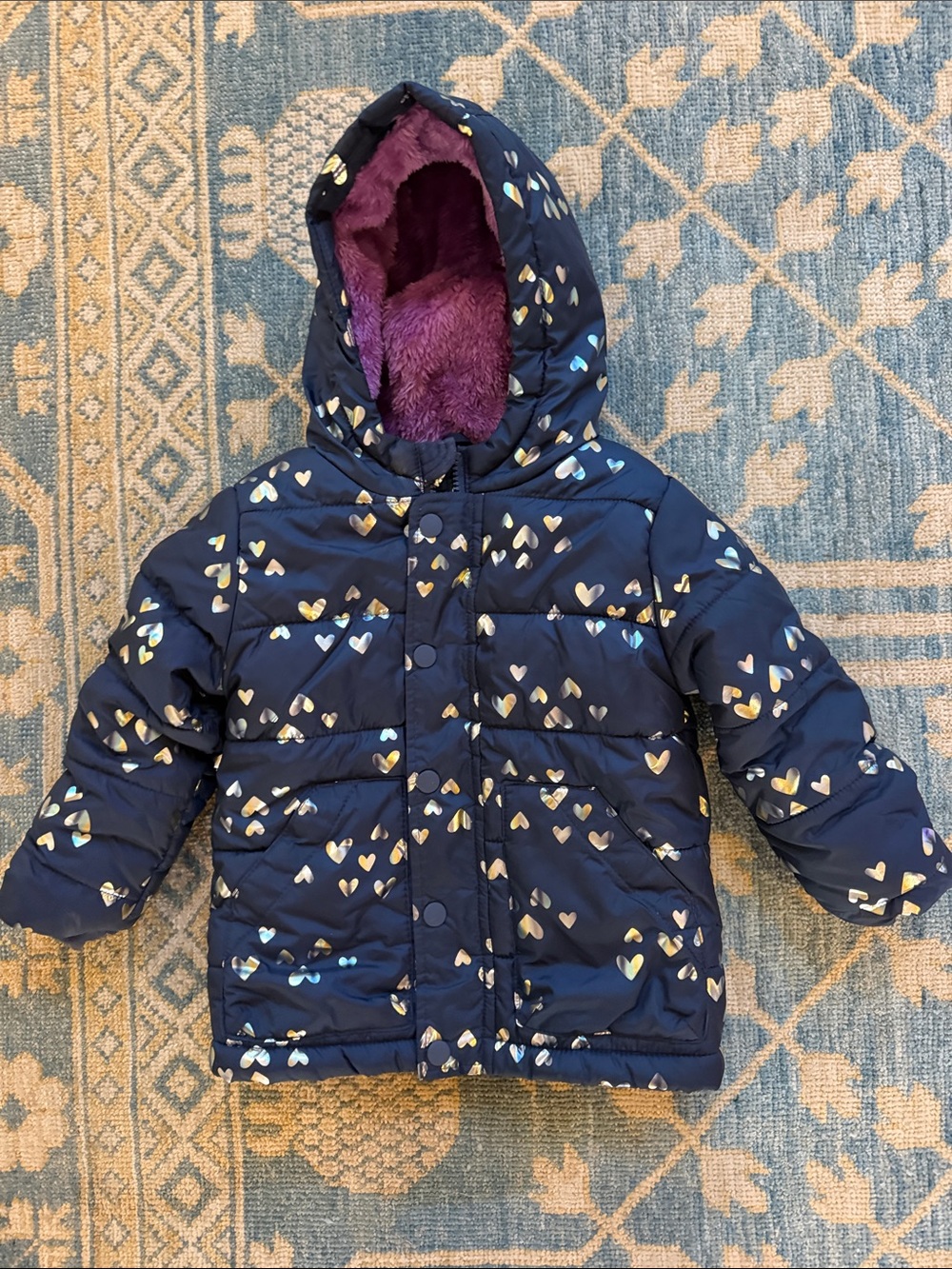 Cat & Jack Navy Heart-Print Puffer Coat with Purple Plush Hood